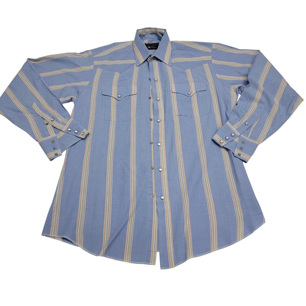 Vintage Panhandle Slim Pearl Snap Western Shirt Mens 16-36 Large Blue Striped